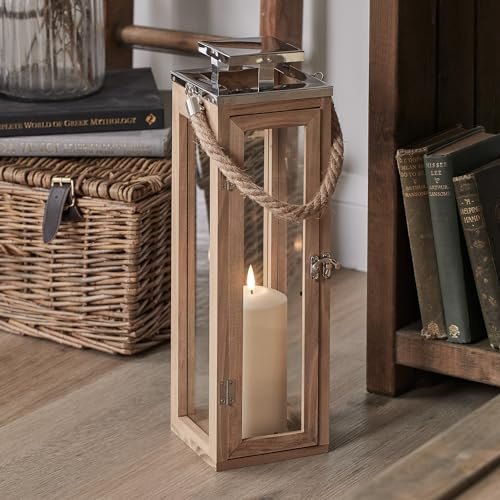 Lights4fun Lanterna in Legno di 42cm con TruGlow® Candela LED a Pile e Manico in Corda per Interni ed Esterni