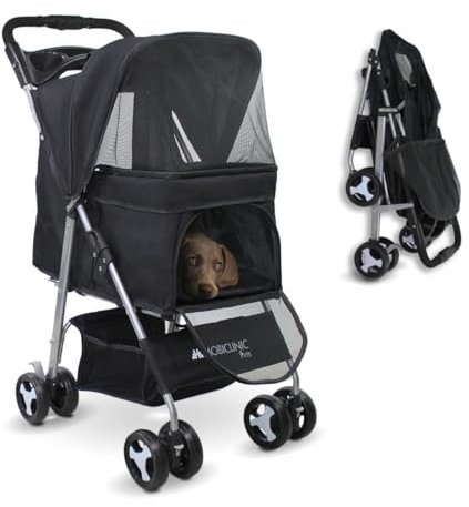Mobiclinic® pets, Faltbarer hundewagen, Bis zu 15 kg, Ideal für kleine hunde, Zuma, Räder mit 360°-bremsen, Xxl-korb, 3 fenster reißverschluss und moskitonetz, Becherhalter (schwarz)