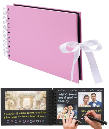 Scrapbook Photo Albums 60 Black Pages DIY Gift Scrapbooking with Ribbon Closure Perfect Photo Book for Wedding, Anniversary, Birthday, Travel, Friends, Baby and Gift (Pink)