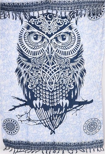 GURU SHOP Bali Batik Sarongkleid, Wickelrock, Sarong, Strand Tuch, Wandtuch - Eule/blau, Herren/Damen, Synthetisch, 160x100 cm