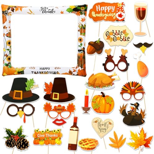 Thanksgiving Inflatable Selfie Frame Photo Booth With 24Pcs Props - Blow Up Party Prop Kit for Kids Adults Party Games Accessories