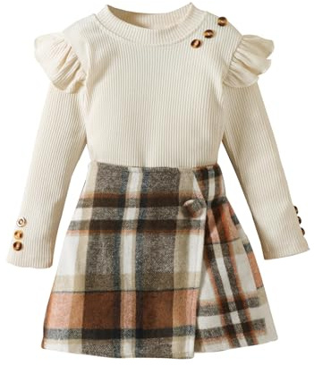 UUAISSO Vêtements pour Bébés Filles à Manches Longues Hauts Côtelés à Carreaux Motif Tweed Jupe Automne Bouton Tenues Ensembles Jupe-culotte kaki 18-24 mois