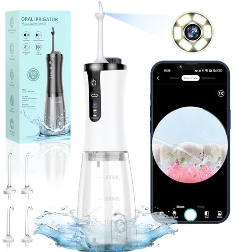 Munddusche Kabellos Visueller Elektrischer Zahnreiniger, VITCOCO 1080P Wifi 350ML Wiederaufladbar Zahndusche, IPX7 Wasserdicht Oral Irrigator, Munddusche Testsieger mit 5 Jet-Tipps, Weiß