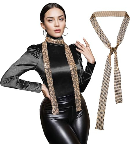 JK Home Foulard Femme Echarpe Longue Etroite Cravate #A Leopard Gold | Brillante Paillette Métal Couleur Uni Cosplay Carnaval Costume Mariage