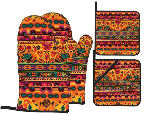 Juego De Manoplas Y Agarraderas Impresión Bohemia De Arte Popular Mexicano Fácil De Almacenar Guantes De Cocina Antideslizantes Soportes para Ollas para Chimenea Parrilla Hornear,4 Piezas