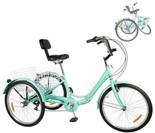 TkkMivcOC 24 tums trehjuling för vuxna, 7-växlad vikbar 3-hjuls cykel med LED-strålkastare och korg, V-broms, justerbart säte och armstöd, lastcykel för picknick shopping