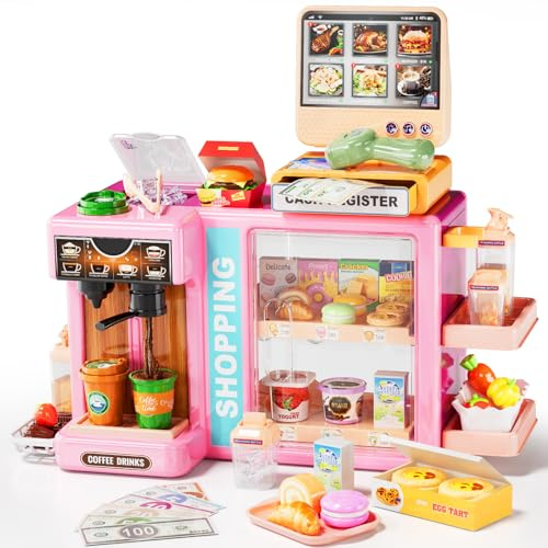 Pupu Pig Kids Grocery Store Playset, Fun Play Store with Realistic Cash Register Toy, Scanner, Play Food, Coffee Maker, Play Money & Credit Card, Preschool Toys for Boys Girls Birthday Gifts 3+