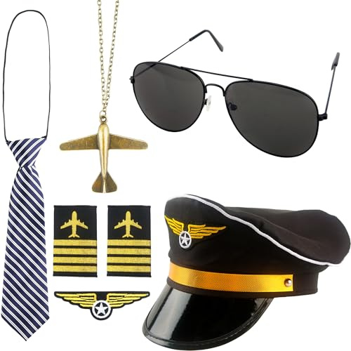 Flotory 6 Pcs Kids Pilot Captain Hat Pilot Costume Accessories Flight Airline Dress Up Costume Kit with Sunglasses for Boys Girls Cosplay Career Day