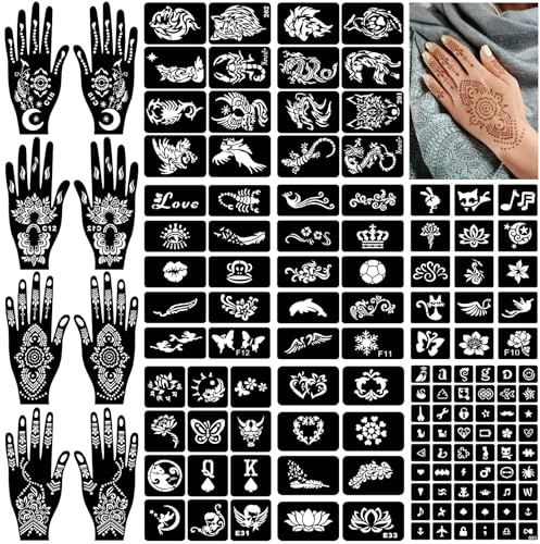 Lot de 16 feuilles de tatouages au henné réutilisables pour femmes et enfants, 205 pochoirs temporaires indiens arabes à paillettes pour peinture du visage et du corps