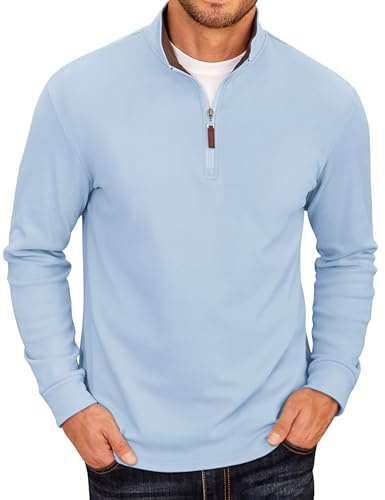 COOFANDY Men's Half Zip Fleece Pullover Sweater Long Sleeve Quarter Zip Sweatshirt Light Blue
