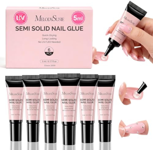 MelodySusie Super Strong Nail Glue, 6Pcs Semi Solid Nail Glue, Quick Drying No Need for UV Lamp Glue Gel Long Lasting for Fake Acrylic Press On Nails