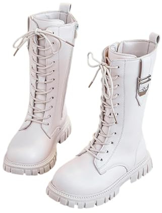 Stivali bianchi per ragazze ragazze stivali bianchi con lacci in pelle stivali alti al ginocchio con cerniera laterale alla moda punta rotonda comodi tacco basso stringati stivali da combattimento, C