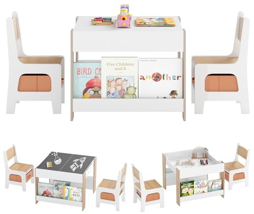 COSTWAY Juego de Mesa y Sillas Infantil, 4 en 1 Mesa de Actividades para Niños con Superficie Reversible, 2 Estantes para Libros y Cajas de Almacenaje (Natural,con Estante y Tablero Empalmado)