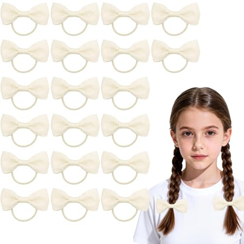20 Pcs Kids Hair Bobbles Set, Elastic Hairbands with Bows Beige Ribbon Headbands, Beige School Hair Accessories for Kids and Women