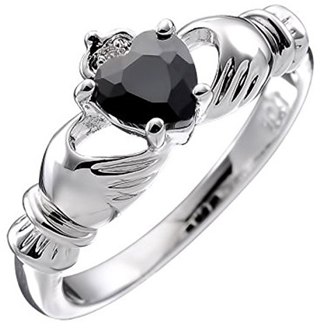 GWG Jewellery Anillo de Claddagh Plata de Ley Dos Manos Que Rodean Corazón de Piedra Negro con Corona - 8 en Caja de Regalo para Mujeres