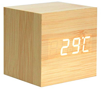 Lancoon Sveglia In Legno - Cubo Ha Portato L'Orologio Digitale Con Visualizzazione Di Ora Temperatura, 3 Livelli Di Luminosità E Controllo Vocale Ideale Per I Viaggi In Ufficio - AC10Yellow_White