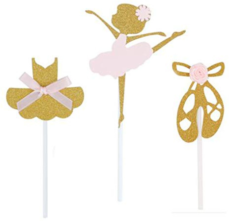 24 Pack of Glitter Gold Ballerina Ballet Slippers Tutu Dress Girls Skirt Cupcake Toppers for Birthday Party Baby Shower Wedding Party Decoration