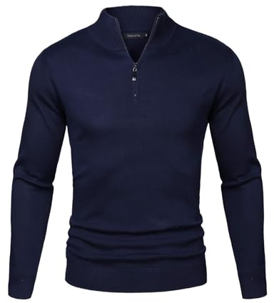 Sykooria Men's Jumper Turtle Neck 1/4 Zip Sweater Long Sleeve Warm Cotton Knit Sweatshirt Pullover Tops Aegean Blue
