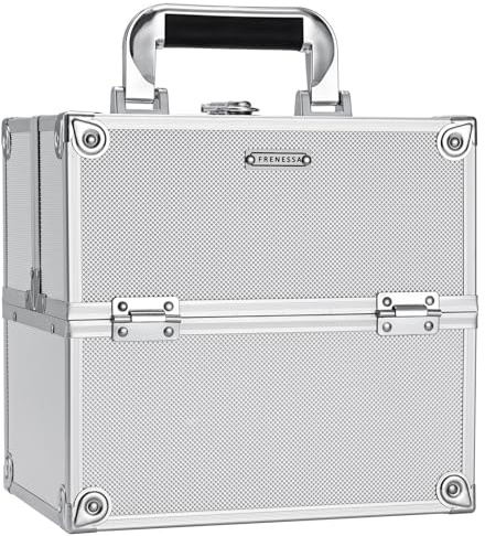 FRENESSA Makeup Train Case Makeup Organizer Box Portable Cosmetic Travel Case with Lock 4 Trays Aluminum Hard Vanity Box Make Up Artist Nail Beauty Storage Organizer Cosmetic Suitcase Bright Silver