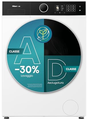 Hisense WD5I8043BWF Lavasciuga Slim a Carica Frontale 8 kg, Slim, Classe A, 1400 rpm, 15 Programmi, Connectivity, Vapore, Refresh, Display Touch, Maxi cestello, Programma Rapido