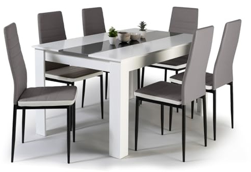IDMarket - Ensemble Table à Manger Georgia 140 cm Blanche et Grise et 6 chaises Romane Grises liseré Blanc