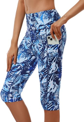 Cagola - Pantaloncini da nuoto da donna, a vita alta, con protezione UPF50+, controllo della pancia, lunghezza al ginocchio, a lunga durata, con tasche, ad asciugatura rapida, Foglia blu., M