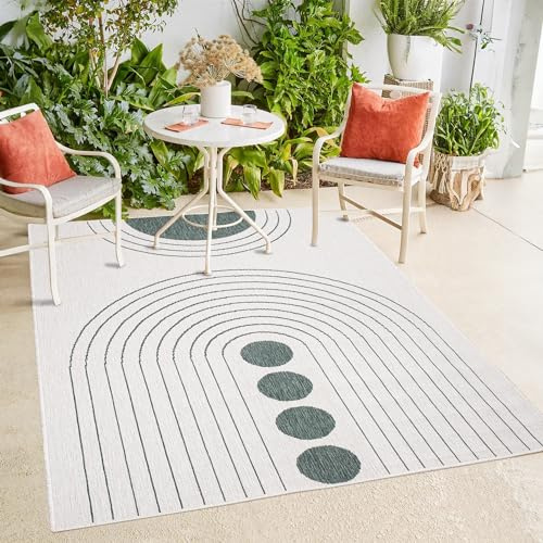 payé In- & Outdoor-Teppich - Grün Creme - 80x150cm - Wendeteppich - Kreis Muster - Wetterbeständig für Balkon Terrasse - Indoor Teppiche Wohnzimmer Küche