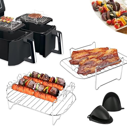 Zurimba 2Pcs Air Fryer Racks Stainless Steel Layered Dehydrator Grilling Racks with Skewers, for Dual Ninja Air Fryer [AF300UK] [AF400UK], Tower, Salter for 7.6L-9.5L Double Zone Air (1 Layer)