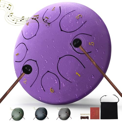 Stahlzungentrommel,Noten Regentrommeln für Außengarten, Regenspiel, Handpfanne mit Musikbuch, Schlägel, Regenspiel, wasserdicht, Handpan-Instrument im Freien (Lila, 6 Zoll)