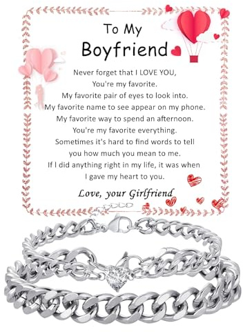 Fehki Matching Couple Cuban Chain Bracelets Gifts for Boyfriend Husband Soulmate Girlfriend Valentine's Day Anniversary Birthday Christmas Jewelry Gifts,Adjustable Size (Boyfriend, Silver+Silver)