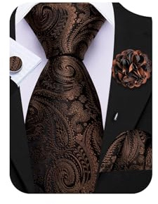 Barry.Wang Brown Tie 63 Paisley Silk Ties Set Pocket Square Cufflinks and Lapel Pin Extra Long Necktie Wedding Party