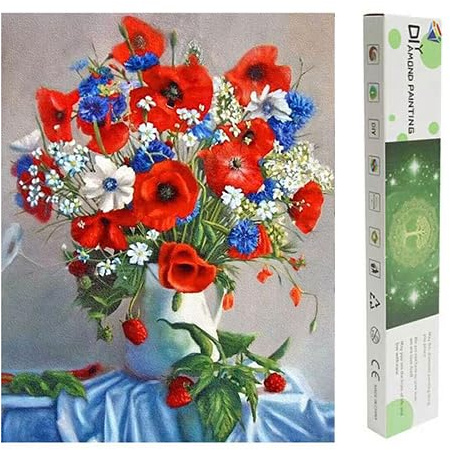 DCIDBEI Grande e trasparente Diamond Painting Papaveri 40 x 50 cm Diamond Painting per adulti fiori vintage pittura con i numeri, fiori da ricamo, fiori con diamanti in vaso bello e mortale