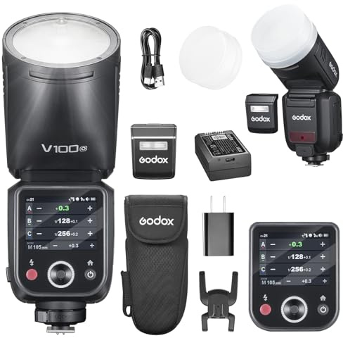 GODOX V100O V100-O - Flash da 100 W con testa rotonda per Olympus, wireless da 2,4 G, Speedlite esterno e otturatore globale, sincronizzazione flash 1/80000, batteria al litio integrata