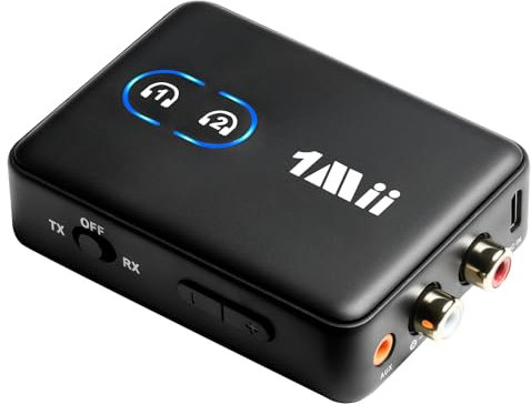1Mii ML302+ Bluetooth 5.3 Sender & Empfänger, Audio Adapter mit aptX LL/HD/Adaptive, Dual Link für 2 Kopfhörer/Lautsprecher, 3,5mm & Cinch Splitter für TV, Stereoanlage & Flugzeug, 30h Akkulaufzeit
