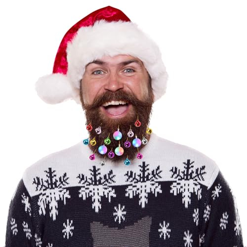 CCINEE Beard Ornaments, 24 PCS Christmas Beard Baubles Light up Ornaments and Colorful Mini Jingle Bells with Clips for Mustache Hair Accessories Holiday Parties Christmas Decor for Men and Women
