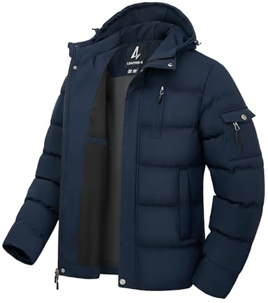 LZACTOIN-X Slim Fit Men's Down Winter Thicken Coats Warm Jacket Bubble Heavy Hooded Insulated rainwear Quilted Snow-Resistant Comfortable Two-Way Zipper Coats for Traveling Walking Daily Navy Medium