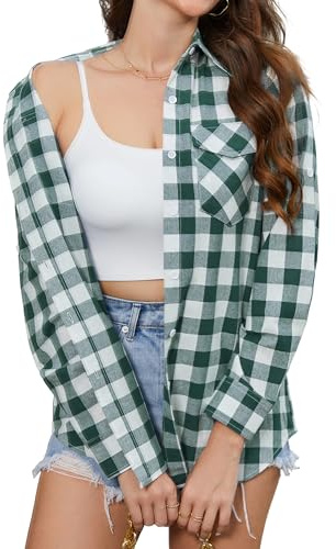 Stamain Women's Green Checked Shirt Long Sleeve Casual Ladies Plaid Shirts Button Down Fitted Check Shirt for Women UK Lumberjack Blouse Top Roll Up with Pockets M
