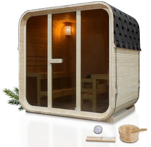 Artsauna Fasssauna Fjora, Outdoor-Sauna aus Fichtenholz für 6 Personen, 9 kW Ofen, LED-Beleuchtung & Zubehörset mit Sanduhr & Eimer
