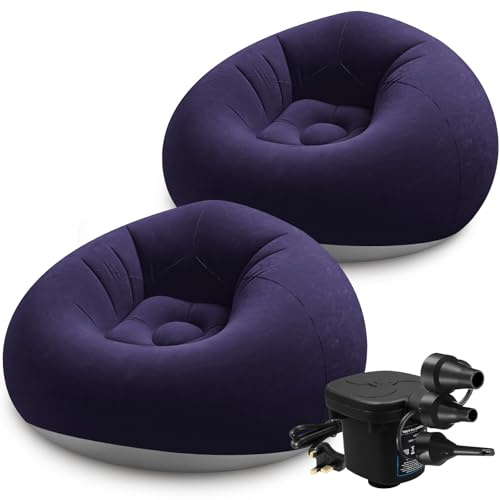 MSYU Inflatable Bean Bag Chairs with Electric Air Pump, 2 Pcs Portable Blow Up Sofa for Adults, Comfortable Lazy Couch for Camping, Gaming, Reading & Living Room, Flocked PVC Material (Blue)