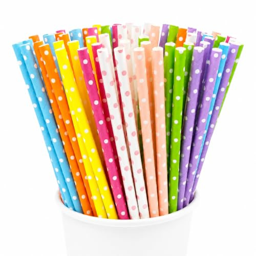 100 Stück Strohhalme Papier, Bunte Punkte Papierstrohhalme, Papier Strohhalme für Cocktails, Saft, Getränke (bunt)
