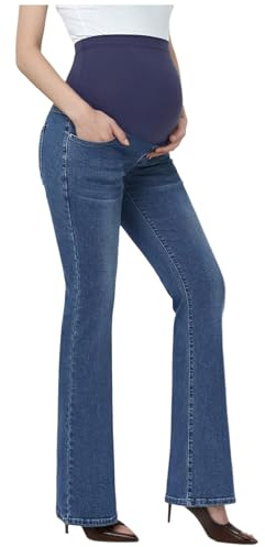 FEESHOW mammakläder jeans utsvängda byxor hög midja stretch utsvängda jeans med fickor för gravida kvinnor