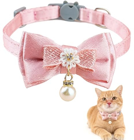 Floruvia Verstellbares Katzenhalsband mit Sicherheitsverschluss, Rosa Katzenhalsband mit Perlenanhänger und Schleife, Niedliches Kätzchen Halsband für Mädchenkatzen