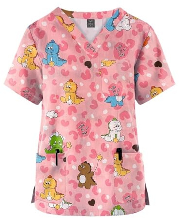 Casaca Sanitaria Mujer Jersey de Primavera/Verano con Estampado de Dibujos Animados for Enfermera, Ropa de Trabajo de Hospital, Camisetas Informales con Cuello en V y Bolsillos(Color14,M)
