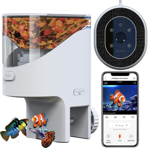 YAMOSO Comedero Automático Peces WiFi Smart, Cámara 2.5K, App 2.4/5G, Dosis 0,2g Cuidado Vacaciones, Depósito 200ML Anti-Vaho, Temporizador, Notificación, Acuario Marino, Agua Dulce y Tortugas