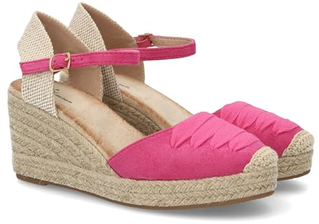 103566 Alpargata de mujer con cuna forrada de yute, comoda y ligera. Diseno cerrado en la parte delantera con adorno de cintas a tono. Cierre de hebillas ajustable, ideal verano. Fucsia Talla 40