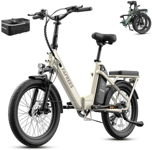 Fafrees Bici Elettrica Pieghevole Batteria Rimovibile 36V 25Ah, Autonomia 120km, E-Bike da Città con Sensore di Coppia, Ruote 20x2.5, Cambio 7S, Freni a Disco Doppi, Beige, Borsa Posteriore