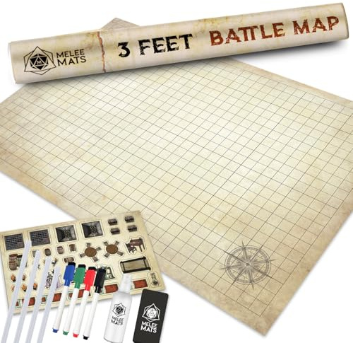 Melee Mats DND Map Starter Kit for Dungeons & Dragons Game - 24” x 36, Wet/Dry Erase Battle Terrain Grid - Ultimate Tabletop Gaming Experience with Accessories