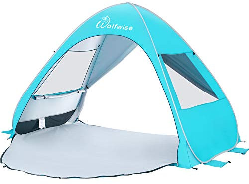 WolfWise Pop up Strandmuschel mit UV-Schutz 50+, 3-4 Personen Strandzelt, Sonnenschutz & Windschutz, Groß Tragbar Wurfzelt Kinder Sonnenzelt Beach Zelt Tent für Familie Camping Garten Strand Picknick