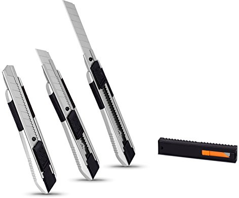 Internet's Best Snap-Off Utility Knife - Regular - Set of 3 - Belt Clip - Retractable Razor Knife Set - Box Cutter Locking Razor Knife