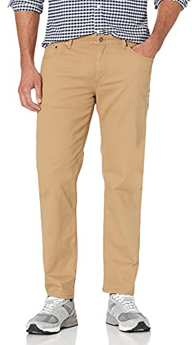 Amazon Essentials Pantalón de Sarga Elástico con 5 Bolsillos de Ajuste Informal Hombre, Marrón Caqui Oscuro, 38W / 30L
